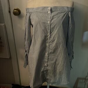 Forever 21 Off The Shoulder Button Down Pinstripe Mini Dress Tie Bottom Sleeve S